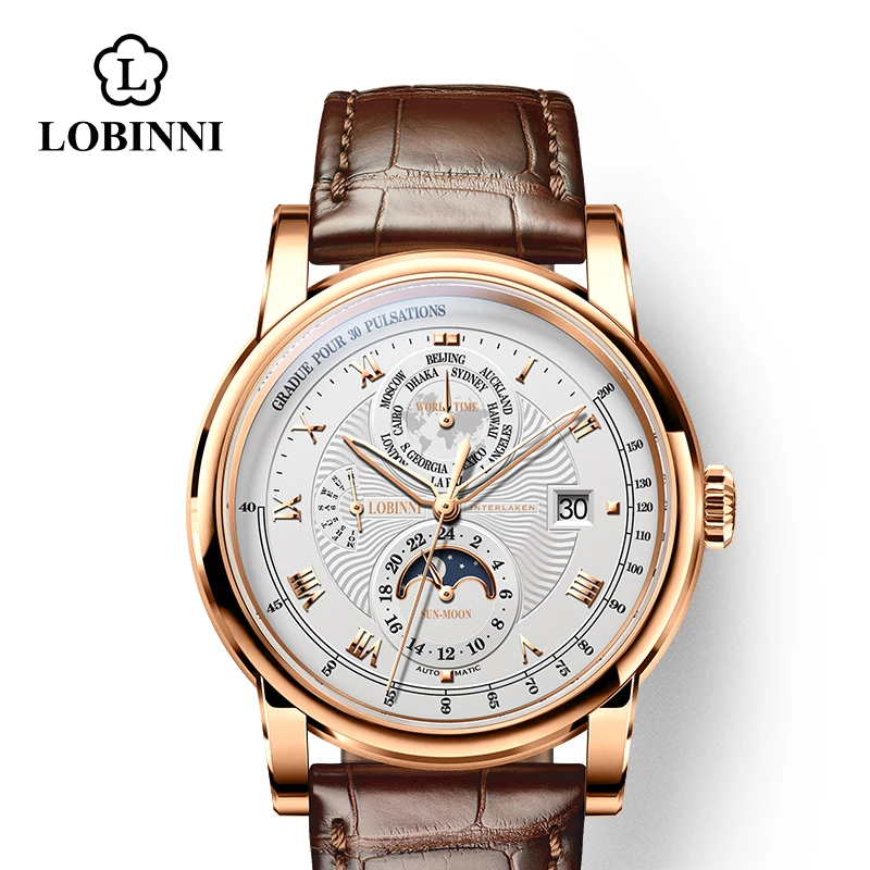 rose-white-brown-r Швейцария LOBINNI мужской роскошный бренд часов Moon Phase автоматические механические мужские наручные часы Сапфировая кожа Чайка движение для мужчин t - Цвет: rose-white-brown-r