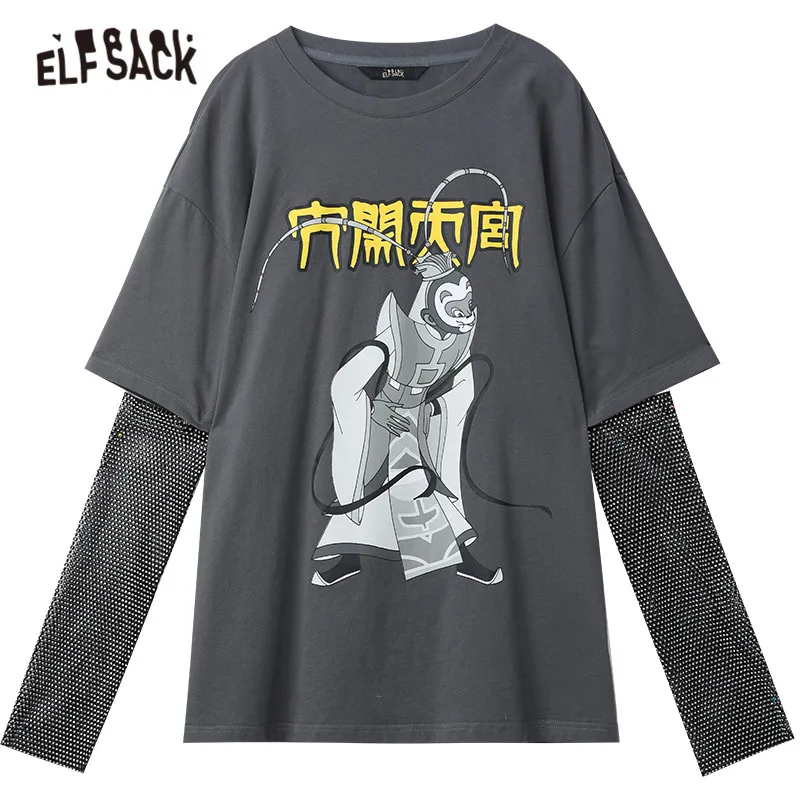 

ELFSACK Harajuku Monkey King Print Casual T-Shirts Women,2021 Spring ELF Vintage Beaded Full Sleeve Female Basic Daily Tops
