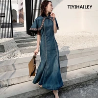 tiyihailey free shipping fashion s xl cloak sleeve women denim jeans long mid calf embroidery dresses mermaid style dresses