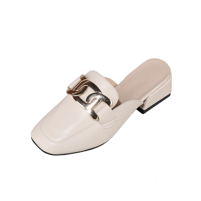 

2021 European and American New Style Ladies Muller Shoes Metal Decorative Flat Slippers Luxury Shoes Women Designers