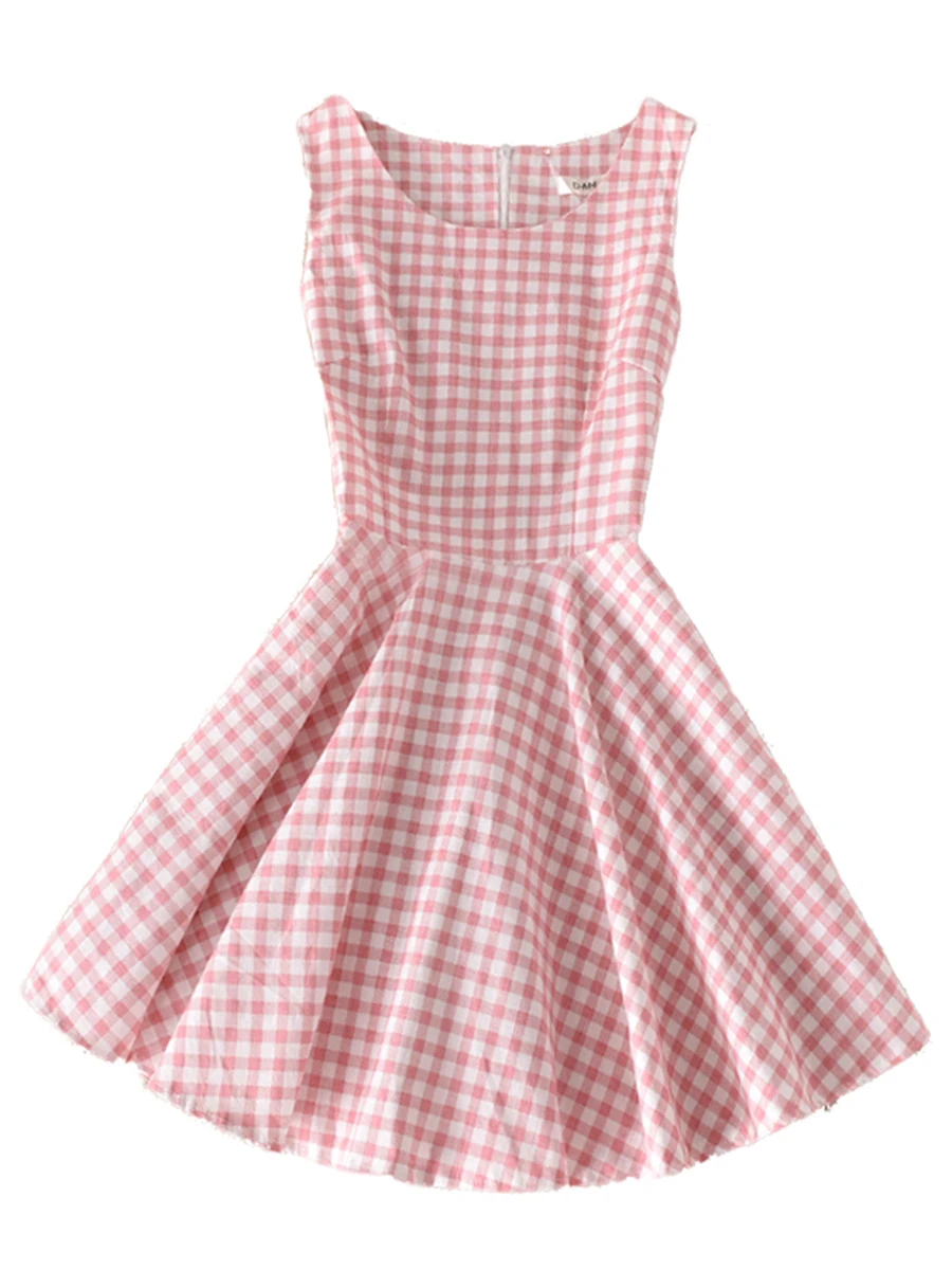 

Summer New Korean Women Dresses Small Fresh Slim Printed A-line Skirt Sweet Floral Cotton Linen Check Vest Sleeveless Dress