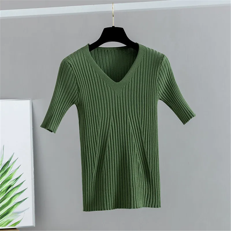 2020 НОВАЯ Трикотажная футболка с v-образным вырезом весенне-летний ребристый
