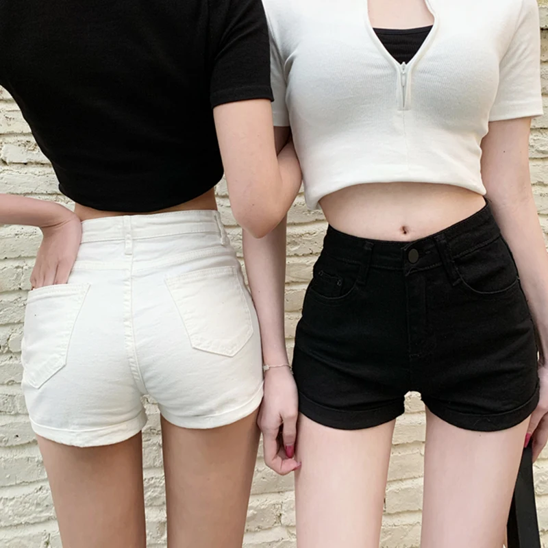 

Solid High Waist Denim Shorts Women'S Korean Fashion Wide Leg Pants Woman Casual Tight-Fitting Slim Shortss Ladies Summer 2021