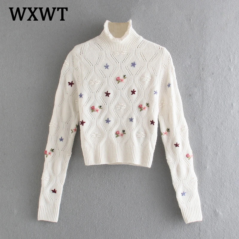 

WXWT Women Flower Print Turtleneck Knitted Sweater Jumper Long Sleeve Female High Street Pullovers Chic Tops LT1032