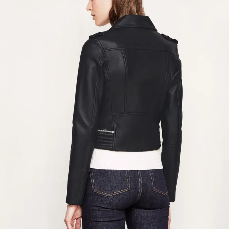 

Jacket Leather Fashion Short Women Casual Sheepskin Real Leather Jacket Slim Fit Lapel Collar Zipper Outwear Coat Tops Clothes