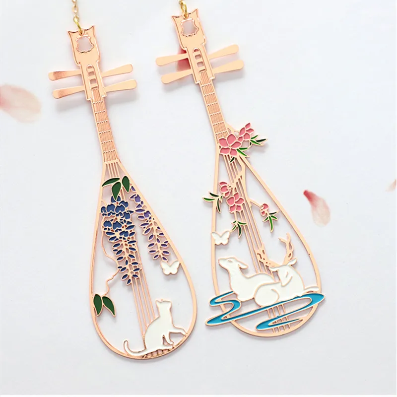 Chinese Style Brass Bookmark Lute Shape Retro Book Clip Metal Pagination Mark Student Gift Stationery School Office Supplies