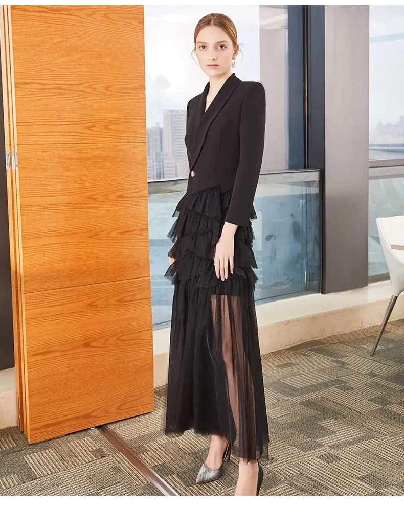 

Goddess Temperament Suit Dress Women 2021 Spring Mesh Stitching Maxi Coat Cake Dresses Banquet Party Slimming Feminine Dress