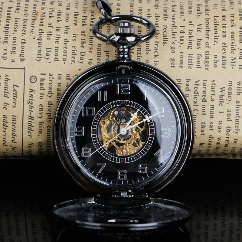 Antique Black Hand Wind Mechanical Pocket Watch Men Necklace Fob Pocket Watch for Men zuster klokje relogio de PJX1215