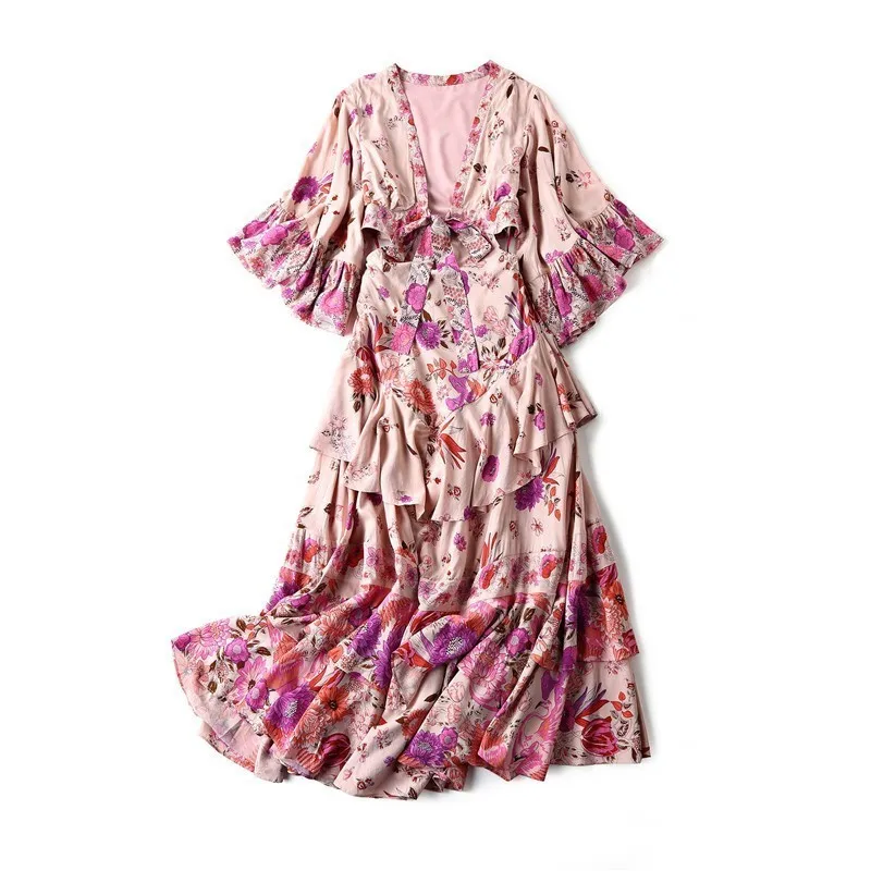 Новейшая мода весна осень Женское платье пляжный стиль розовое Цветочное с