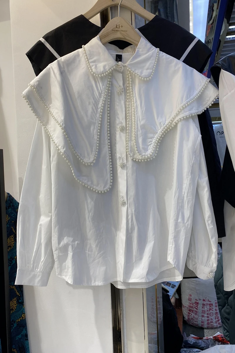 

2021 Women's New Spring Korean Style Blouse Sweet Double-Layer Beaded Doll Large Lapel Palace Loose White Black Shirt