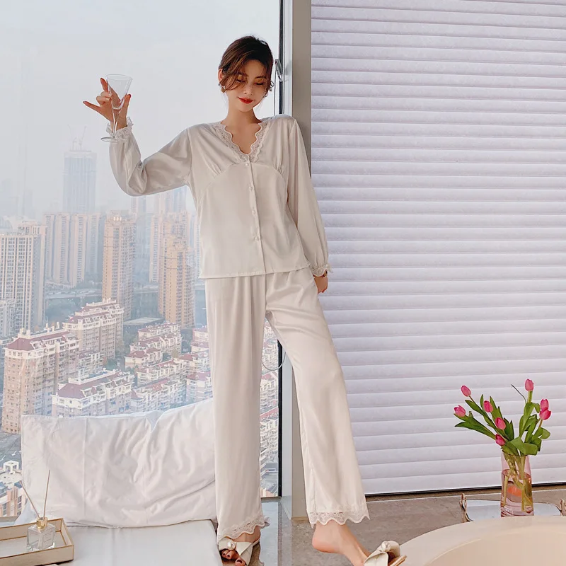 

Sexy V-neck Pajamas Set Women Lace 2PCS Sleepwear Satin Silky Sleep Set Casual Shirt&Pants Female Loose Pyjamas Suit Homewear