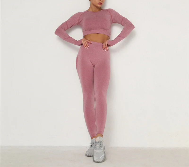 Women Seamless Yoga Set Gym Clothing Fitness Leggings Cropped Shirts Sport Suit Long Sleeve Tracksuit Active Wear | Спорт и