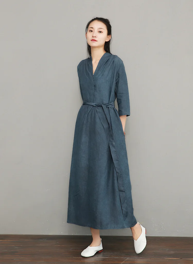 NINI WONDERLAND, летнее платье с v-образным вырезом,, женское, Tencel, льняное, винтажное платье, женское, одноцветное, длинное платье, халат, высокое качество
