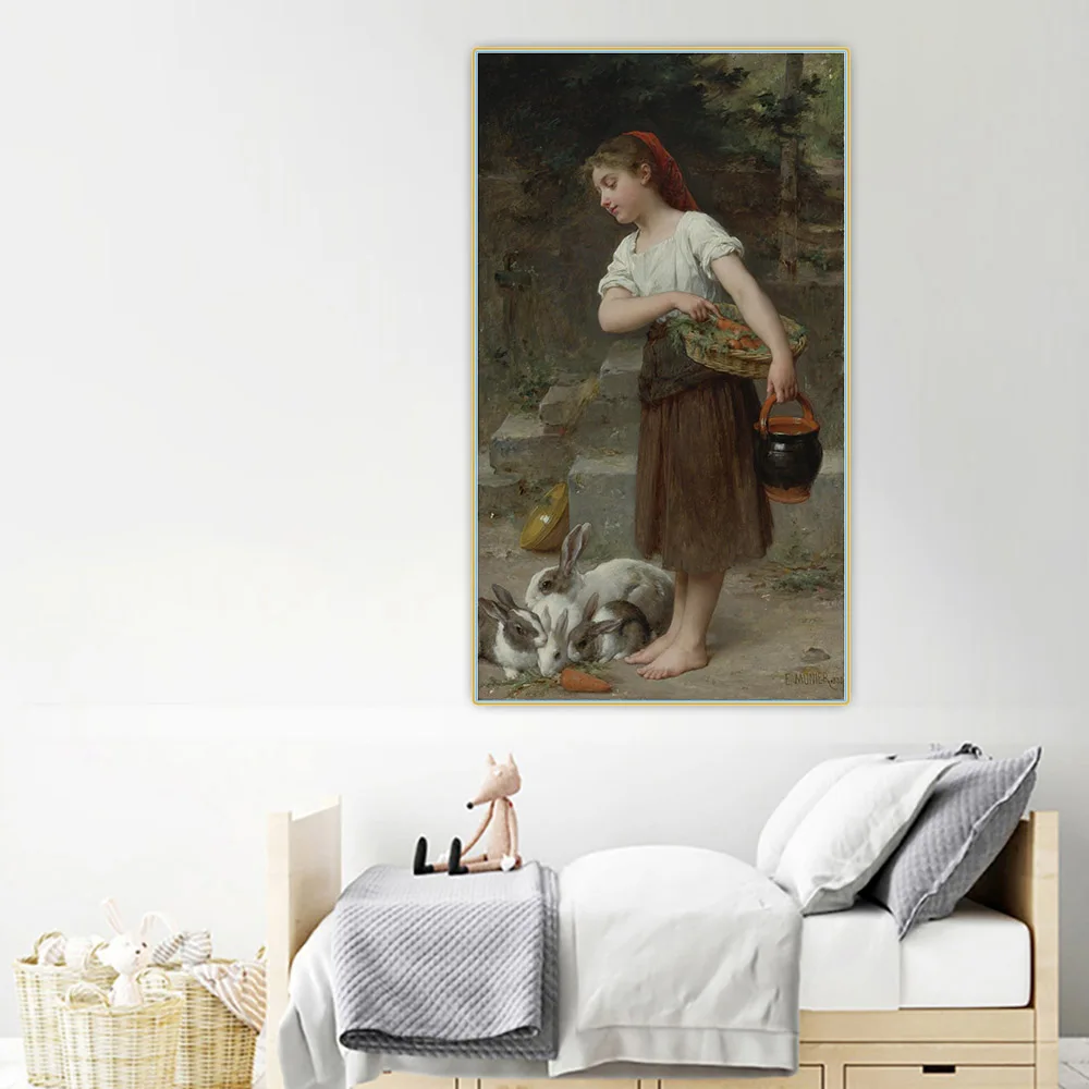 

Holover Canvas Oil Painting Emile Munier"Bunies"Academicism Classicism Aesthetic Wall Art Home Room Interior Decoration