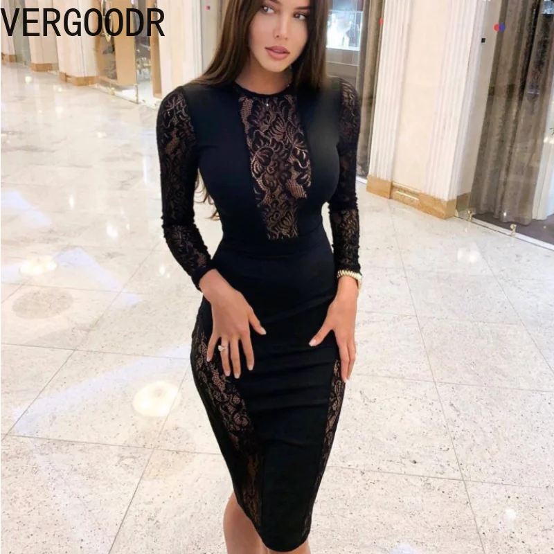 

Vergoodr Black Long Dress for Women Sexy Lace Hollow Slim See-through Party Dress Vestido Feminino Plus Size Dress