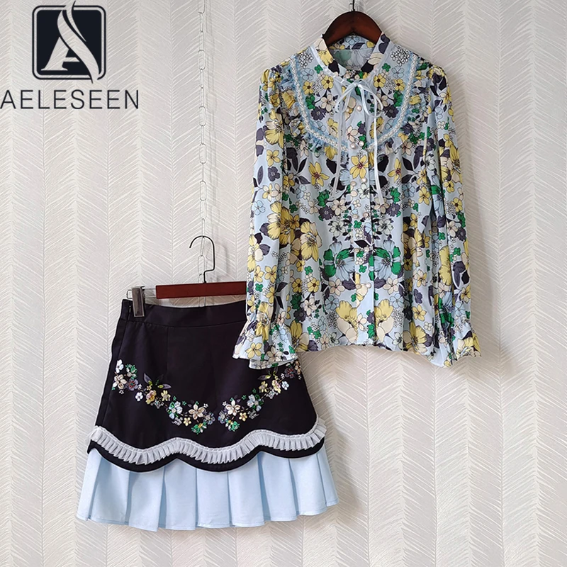 

AELESEEN Runway Fashion Women Twinset 2021 Colorful Flower Print Blouse+Luxury Beading Sequined Ruffles Skirt 2 Pieces Sets