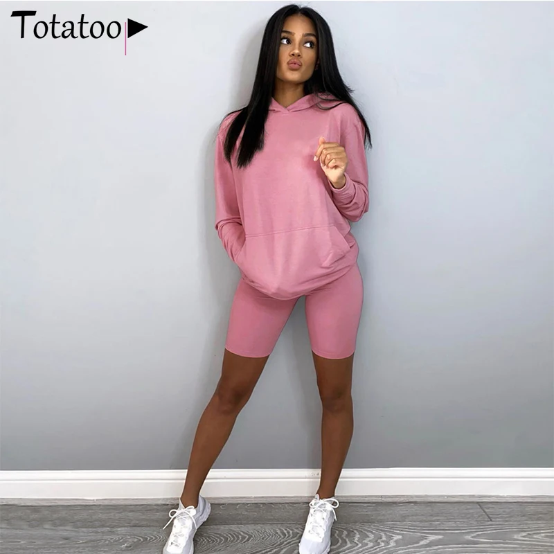 

Totatoop Oversize Hoodie Crop Tops And Biker Shorts Two Piece Set Casual Streetwear Women's Sets Outfit Matching Sporty Suits
