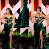emerald green velvet mermaid prom dresses gold lace appliques long sheer sleeves high split evening gowns robe de mari%c3%a9e