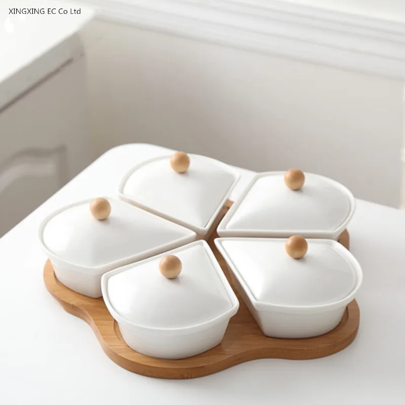 

Wooden Lid Ceramic Dried Fruit Tray Separated Snack Tray Creative Living Room Home Nut Tray Simple Afternoon Tea Snack Tray