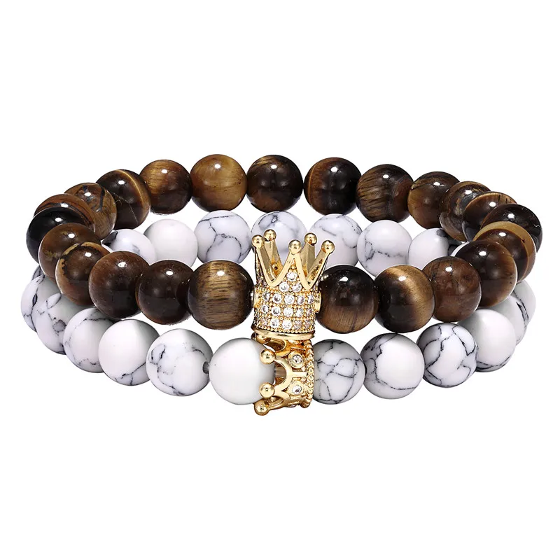 202 Crown Bracelet Couple Female Jewelry 8mm Natural Stone Micro Inlaid Zircon Gold andMen homme Gift | Украшения и аксессуары