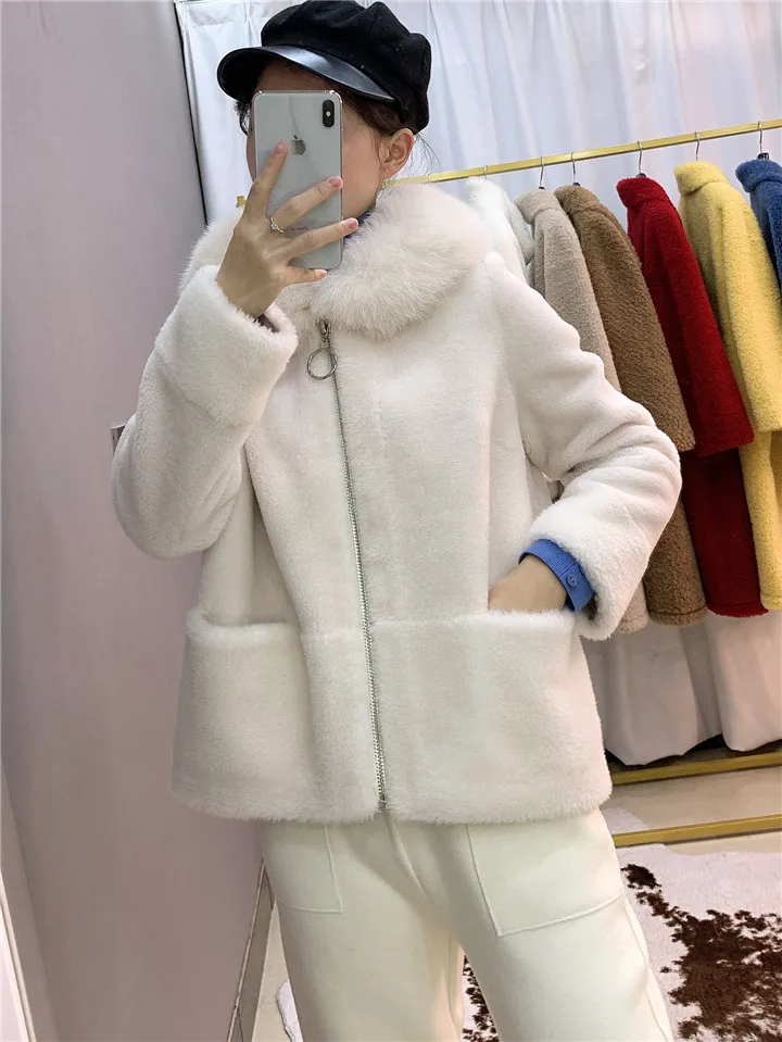OFTBUY пальто с натуральным мехом, зимняя женская куртка, Воротник из натурального Лисьего меха, капюшон, шерсть, тканая верхняя одежда, плюшевый флис