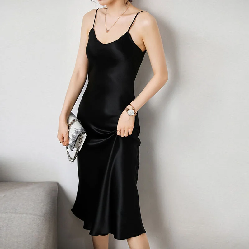 

2021 Summer New Woman Dress Satin Sleeveless Spaghetti Strap Evening Party Black Sundress Long Wedding Silk Dress Green