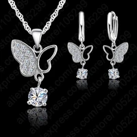 lovely 925 sterling silver clear cubic zirconia animal butterfly shape pendant earrings necklace jewelry sets for women