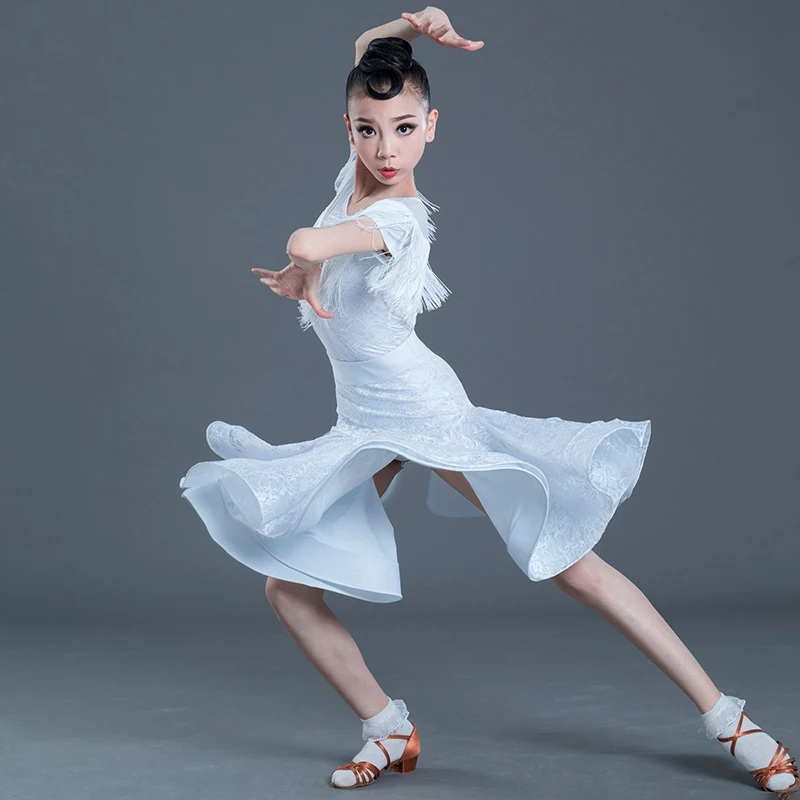 

Latin Dance Dress For Girls Lace White Fringed Dress Stage Performance Fishtail Skirts Ballroom Competition Dance Dresses SL2269