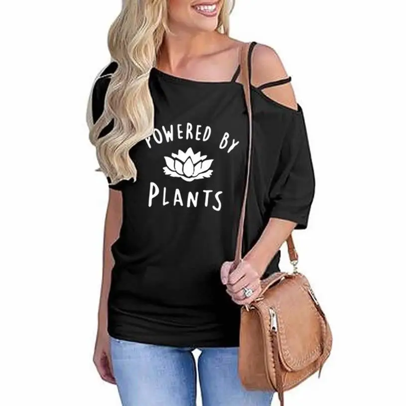 

Fashion T-Shirt For Women Powered By Plants Letters Print T-shirt Summer VEGAN Casual Slanted Shoulder Half Sleeve Loose T-Shirt
