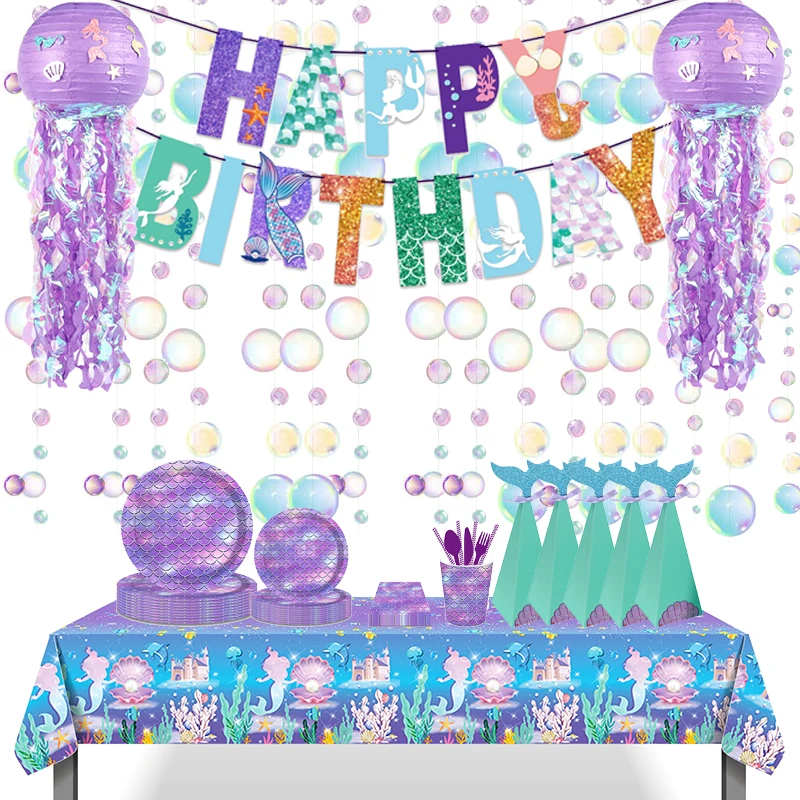 

Mermaid Birthday Party Supplies Purple Disposable Tableware paper Cup Plate Baby Shower 1st Birthday Girl Mermaid Party Supplies