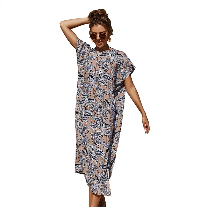 

Mid-Length Dress Summer Short-Sleeved Round Neck Women 's Clothing Loose Casual Sexy Split Large Swing Dress Print Fashion Women