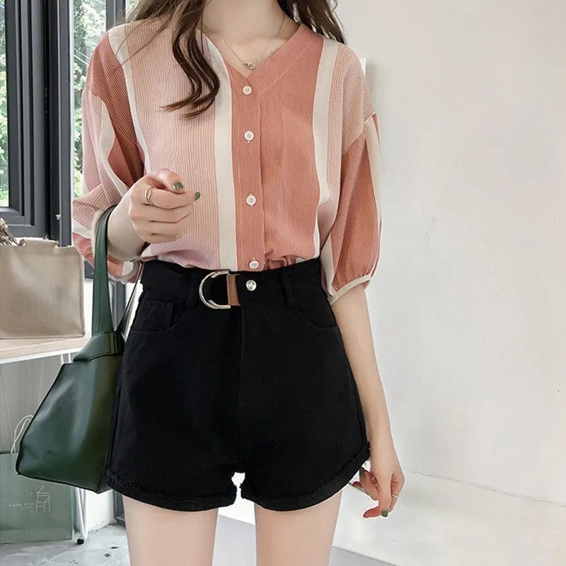 Полосатая модная блуза с v-образным вырезом рубашки коротким рукавом для женщин