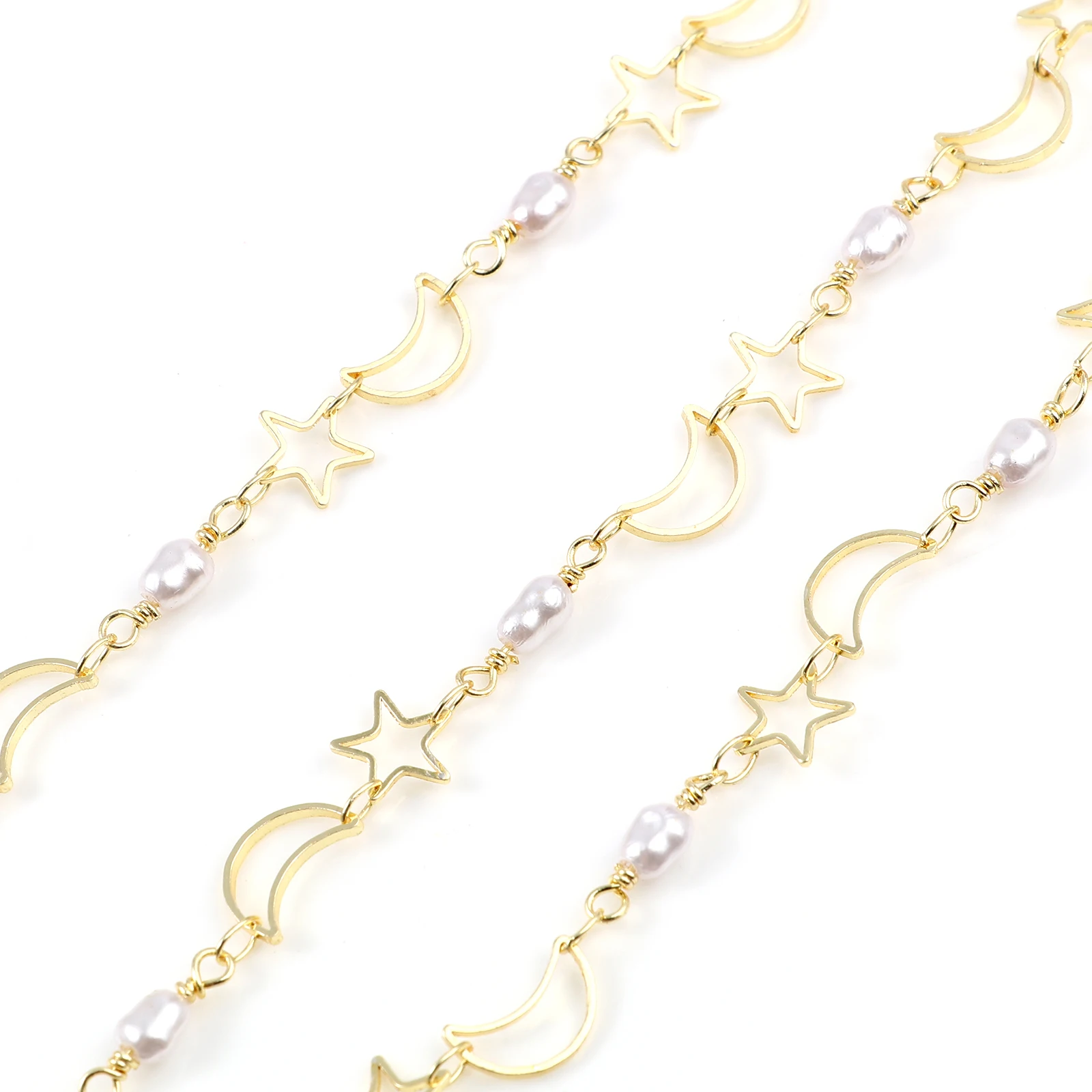 

Doreen Box Half Moon Star Connector Chains Copper & Acrylic Chain Findings Imitation Pearl Gold Plated White Chains 8x8mm, 1 M