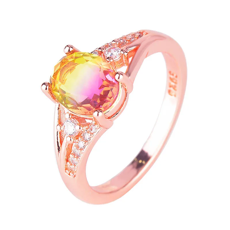 

Gorgeous Rose Gold Engagement Rings For Women Oval Rainbow CZ Stone Inlay Fashion Jewelry Romantic Wedding Bands Party Gift Ring