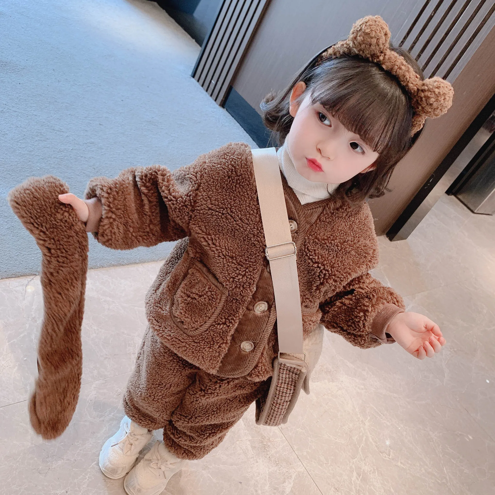 

Elegant Winter Warm Clothes Girls Set Sweater Pants Kids Plus Velvet Toddler Teens 3PCS Tops Thicken Children High Quality