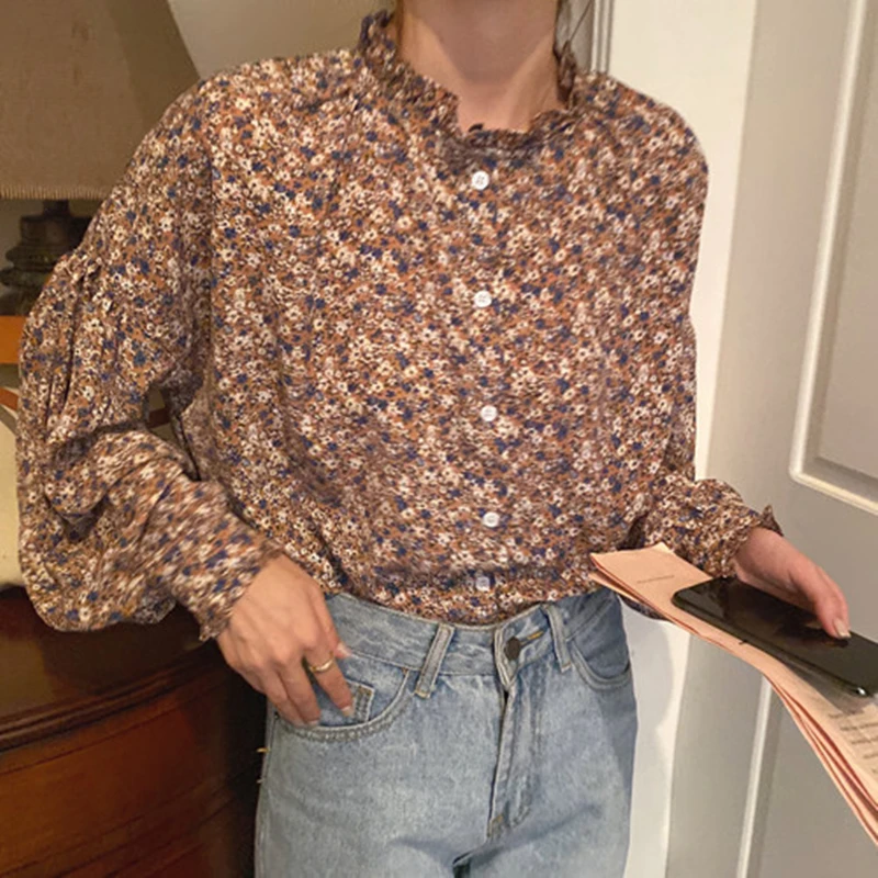 2021 Весенняя женская Новая Винтажная шифоновая блузка с принтом рубашка в