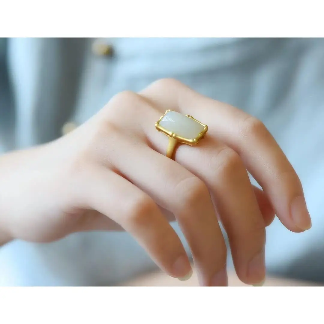 

S925 Стерлинговое Серебро Hetian Нефритовая инкрустированная квадратная бамбуковая Серебряная винтажная позолота крафт пескоструйная обработ...