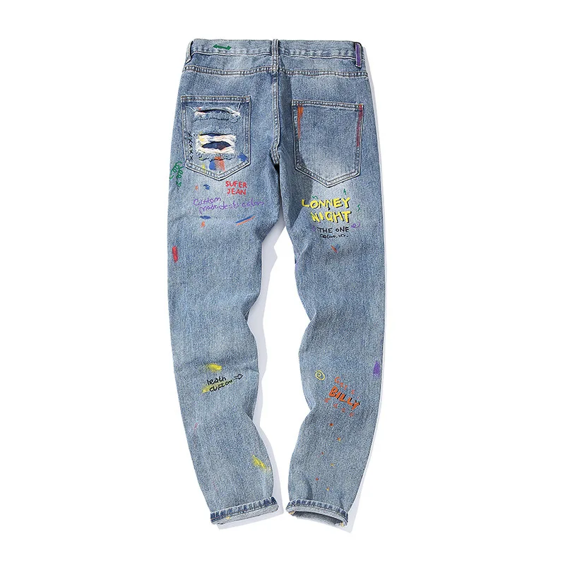 

Men Denim Pants Graffiti Smiley Streetwear Hip Hop Ripped Holes Denim Pants Harajuku Distressed Denim Pant Jean Trousers Fashion