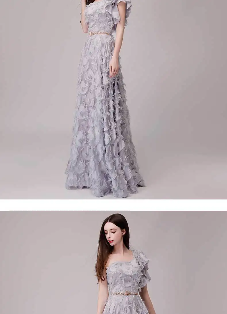 Vivian's Bridal Модное 3d кружевное аппликация вечернее платье сексуальное платье на одно плечо с цветами и перьями с оборками на рукавах женское вечернее платье