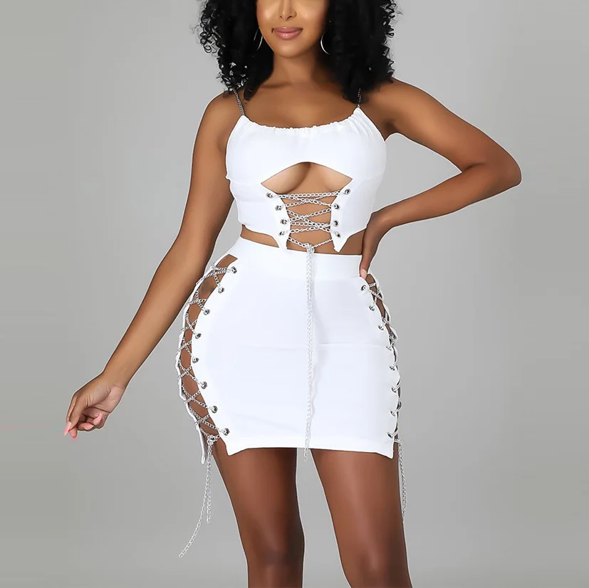 

Skirts Sets Summer Outfits Women Matching Set Bodycon Lace up Spaghetti Strap Tops & Mini Skirt Sxy Elegant 2 Pieces Cloth Sets