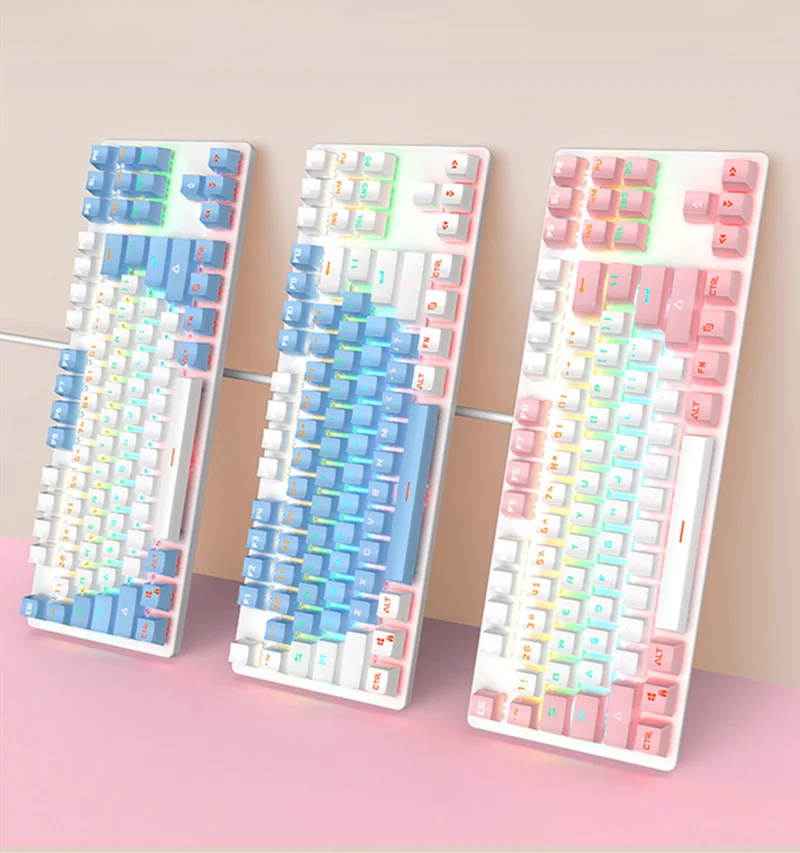 Розовая механическая клавиатура USB Проводная игровая 87 ключей ABS Keycaps RGB с