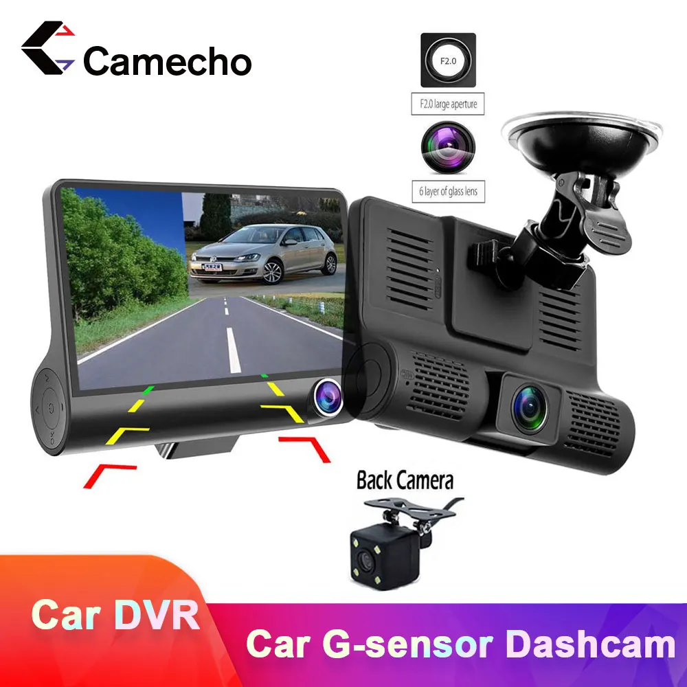 

Camecho 4-дюймовый автомобильный видеорегистратор с тремя объективами FHD, видеорегистратор с 170 широкоугольным видеорегистратором, акселероме...