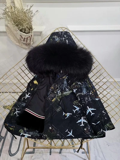 Aircraft Black Fur Children Winter Jacket Graffiti Boys Girls Real Fur Coat Thick Warm Rabbit Fur Kids Jacket Coat Furry Natural Fur Collar TZ428 - Цвет: Aircraft Black Fur