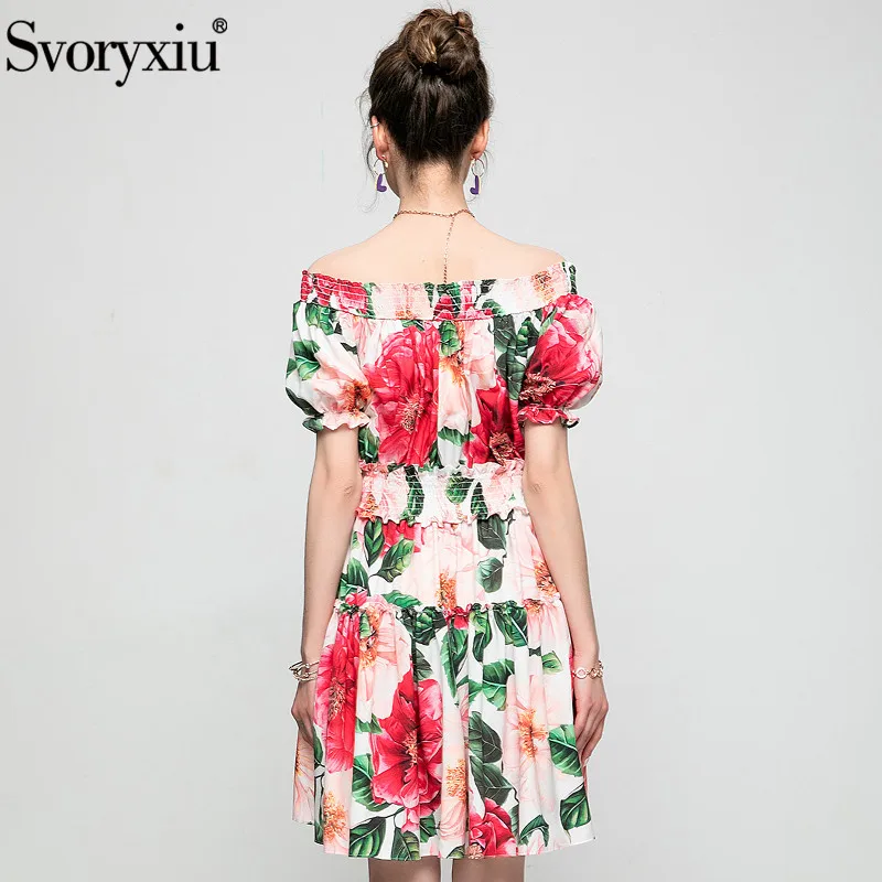

Svoryxiu 2021 Runway Summer Sexy Off Shoulder Holiday Mini Dress Women's Elastic Waist Short Sleeve Camellia Print Dresses