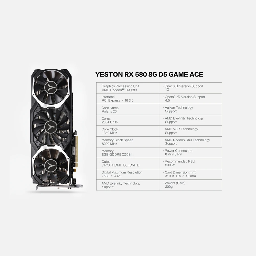 Yeston RX 580 RX580 8G D5 игра ACE PA Видеокарты Radeon Chill Polaris 20 GPU Ледниковая система охлаждения 8 Гб памяти GDDR5 256bit
