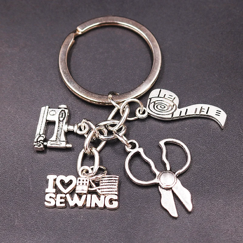 

1pc I Love Sewing Metal Tag Tailor Keychain Tape Measure/Sewing Machine/Scissors Keyring DIY Charm Jewelry Crafts Making P757