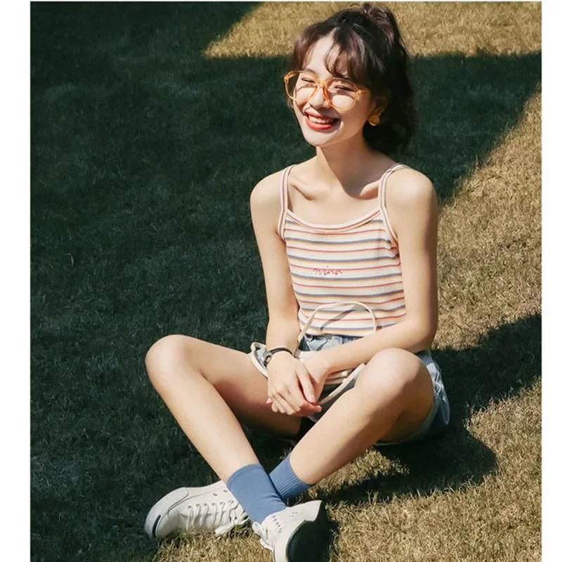 

Summer 2021 Women's Korean Fashion Regular Rainbow Striped Retro Sweet Slim Knit Camisole T-shirt Crop Top