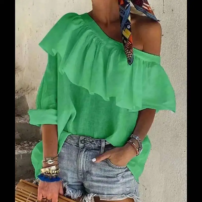 

Summer Sexy Off Shoulder Solid Color Cotton Linen Women T-shirt Elegant Ruffle Long Sleeve Skew Neck Pullover Tops 2021