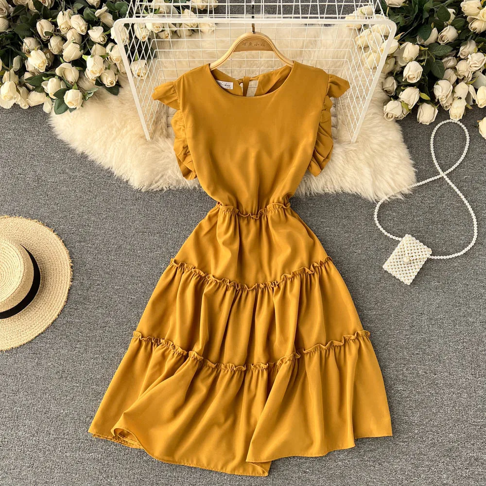 

C778 Women New Fashion Summer Round Neck A-line Casual Dress Solid Color Korean Clothes Vestidos