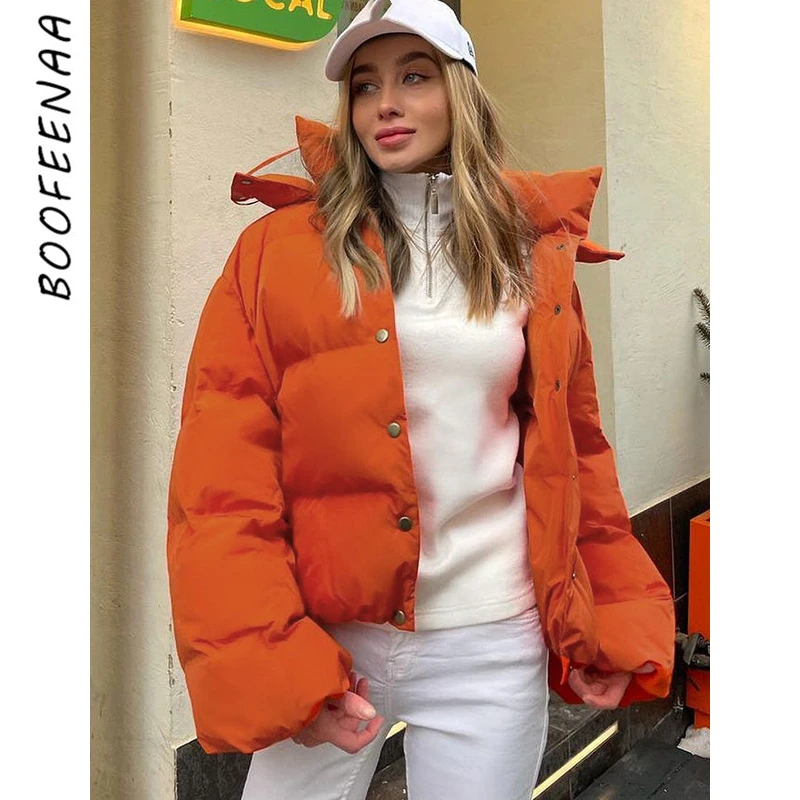 

BOOFEENAA Street Fashion Hooded Puffer Jacket Women Winter Clothing 2021 Parkas Solid Color Bubble Coat Casual Outwear C76-HZ118